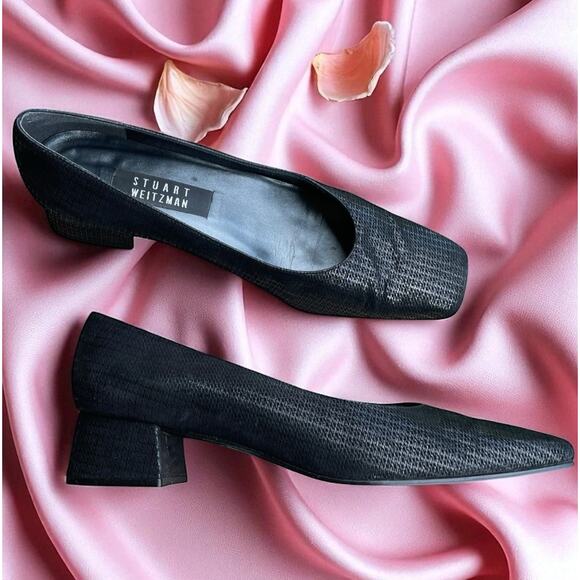 STUART WEITZMAN Black Lines Suede Vintage 90s Low Heel Pumps Square Toe Sz 9.5 - Picture 1 of 14